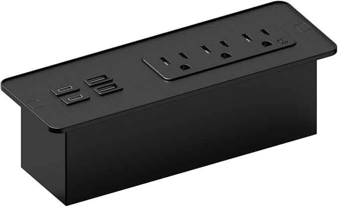 Kable Kontrol Recessed Power Strip with Fast Charging 2 PD65W USB-C Ports, 2 USB-A Ports, 3 Power Desk Outlets, Flush Mount Furniture Charging Station Grommet for Side Table, End Table - Black