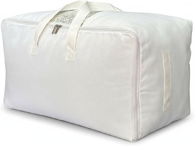 Soft Canvas Clothes Storage Bags with Four Carrying Handles and Clear Window, Closet Organizer for Clothing, Blankets Sheets Pillows and Bedding, 55L, White