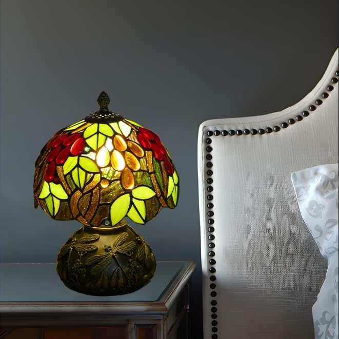 Small Tiffany Table Lamp Stained Glass Nightstand Lamps Bedside Purple Grape Desk Light for Office Bar Retro Bedroom Living Room,7.87 inch