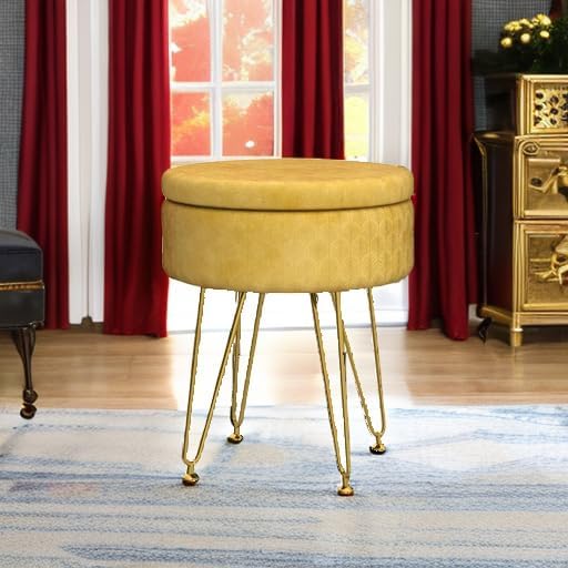 Cpintltr Velvet Ottoman Round Footrest Footstools with Storage Space Soft Vanity Chair with Memory Foam Seat Small Side Table Hallway Step Stool 4 Gold Metal Legs with Adjustable Footings Ginger
