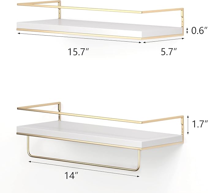 Shario White Floating Shelves - Set of 2, Wall Mounted Hanging Shelves with Golden Towel Rack, Decorative Storage Shelves for Bathroom, Kitchen, Living Room & Bedroom (White Gold, 15.7 Inches) | Hanging Shelves, for Bathroom, Kitchen, Living Room, Bedroom