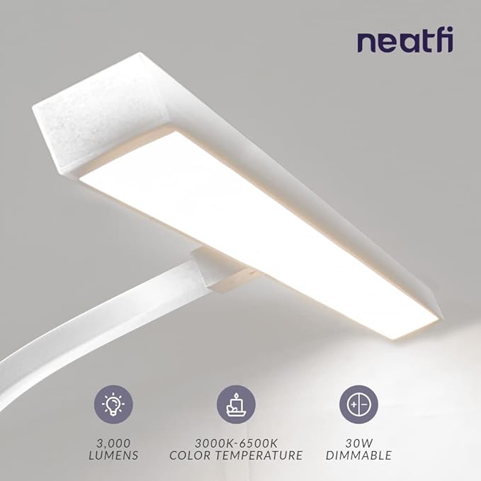 Neatfi 3000 Lumens Flex LED Desk Lamp with Clamp, Dimmable, 5 Adjustable Brightness Levels & 5 Light Modes, Memory Function, Eye-Caring & Flexible Lamp for Home & Office (31.5 Inches, White)