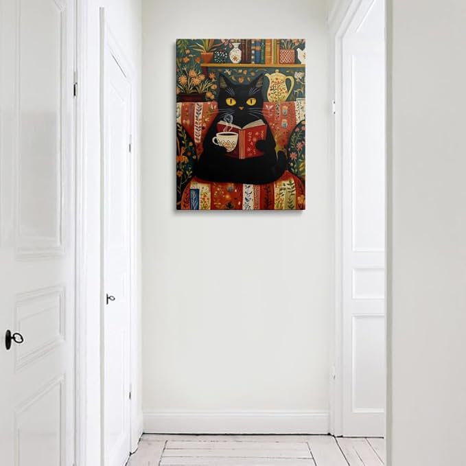 Pveror Reading Black Cat Canvas Wall Art Whimsical Animal Illustration Cozy Coffee Book Scene Vintage Folk Art Style Cottagecore Home Decor For Living Room Bedroom Study Library Gift 16x24 Inches