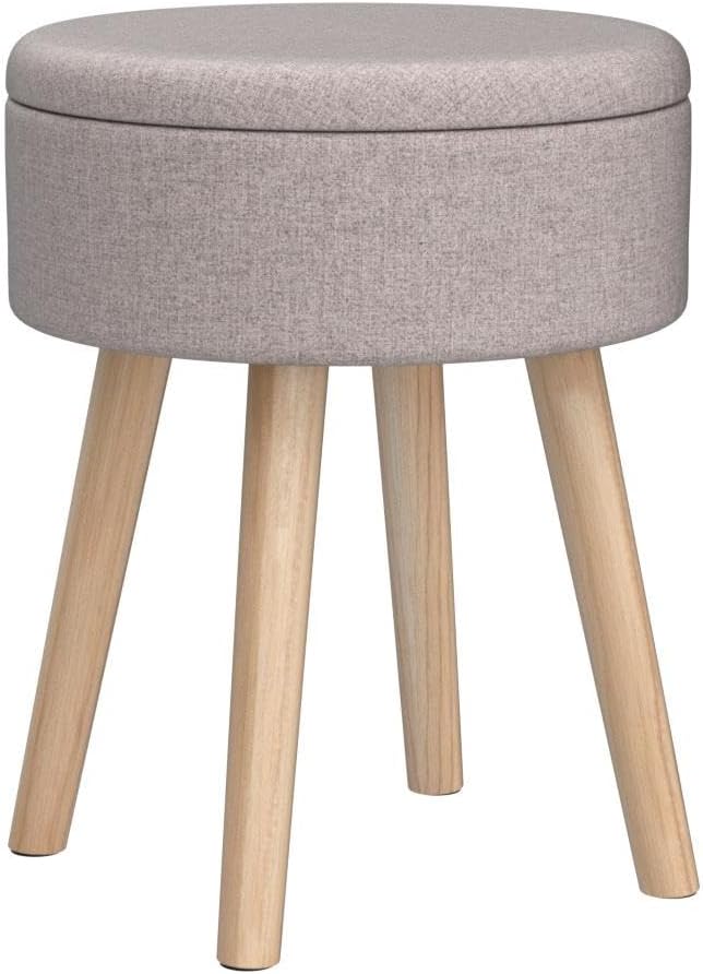 Mxfurhawa Storage Ottoman Linen Round Vanity Stool Tray Top Modern Foot Stool with Wood Legs Multifunctional Upholstered Foot Ottoman Rest for Living Room, Bathroom, Makeup (Grey)