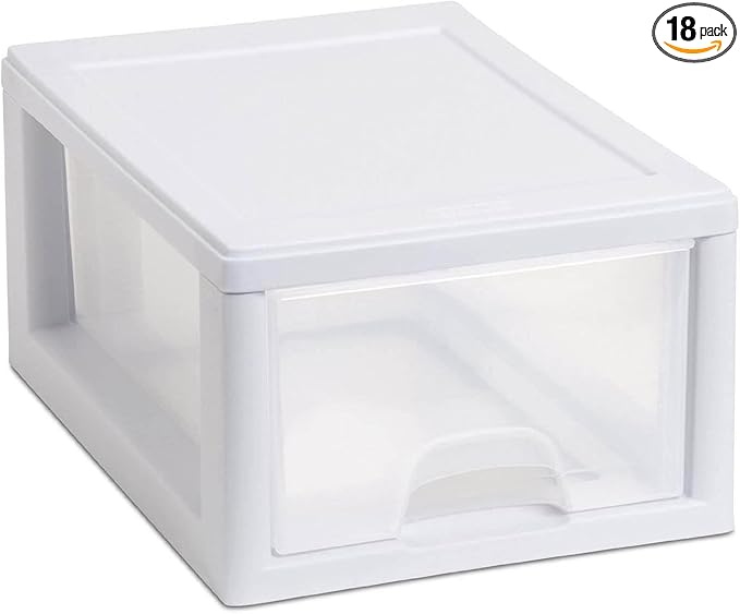 Sterilite 18-Pack 6 Quart Stacking Drawer, Clear Storage Closet Organizer, White Frame - Stackable Modular Plastic Drawers for Clothes, Accessories, Craft Supplies, Shoes or Linens