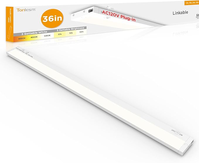 36 Inch Under Cabinet Lighting Plug in, 20W 120V 3 Color 3000K/4000K/5000K, 3 Brightness, Super Bright, Ultra Thin Under Counter Lights for Kitchen, Linkable LED Cabinet Light, White