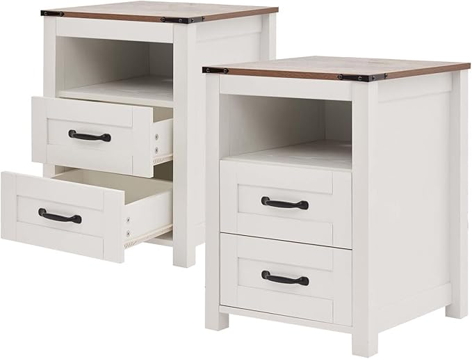 White Rustic Night Stand Set of 2, Farmhouse End Table, Modern Bedside Table with 2 Storage Drawers and Open Shelf, Tall Nightstand for Bedroom