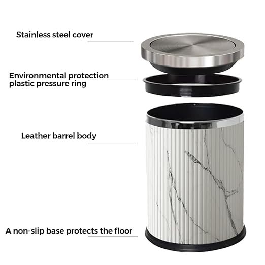 4 Gallon / 15L Trash Can Bathroom with Swing Lid, White Gold Garbage Can, Leather, Modern, Large Office Waste Basket, for Bedroom, Kitchen, Powder Room, Hotel, Business(15L Ink Marble)