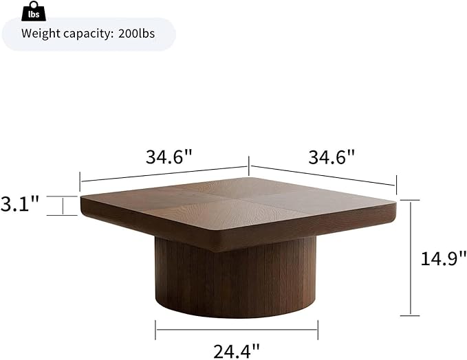 Modern Square Coffee Table with Cylindrical Base, Wood Coffee Table with Parquet Pattern & Thickened Tabletop, Center Table Tea Table for Living Room Apartment, 34.6''L×34.6''W×14.9''H, Walnut