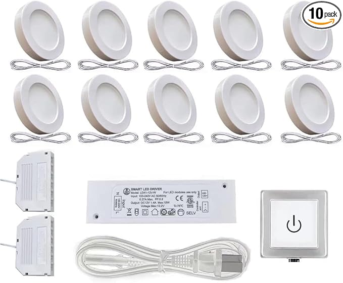 VST Under Cabinet Lighting Plug in with Wired Touch Dimmer Switch,Recessed or Surface Mount Design,Natural White 4000K 12V 2W(20W Total, 10 Pack White) Puck Lights Fixtures
