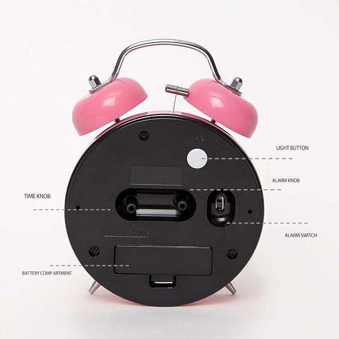 {Loud Alarm for Deep Sleepers) 4'' Twin Bell Alarm Clock with Backlight for Bedroom and Home Decoration(Pink)