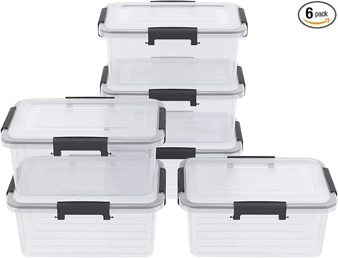 10 Liters Clear Storage Box with Latch Clips/Lid, Plastic Airtight Pet Food Containers Set of 6