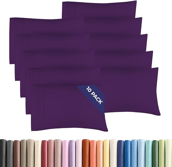 Standard Pillow Cases Set of 10 - Ultra Soft Hotel Quality Pillowcase Covers - Comfy, Cozy & Wrinkle Free - Shrink, Stain and Fade Resistant - Machine Washable Pillow Protectors - 10 Pcs Set - Purple