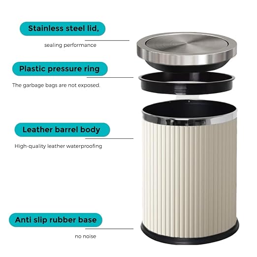 4 Gallon Bathroom Trash Can with Swing Lid, White Silver Leather Garbage Can, Modern, Large, Big Waste Basket, for Bedroom Kitchen Powder Room Toilet (15L Elegant White)