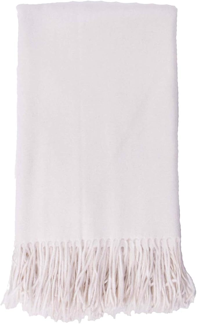 Alashan Cashmere Blend Ripple Finish Woven Throw - White Cashmere Throw Blanket - Soft Solid