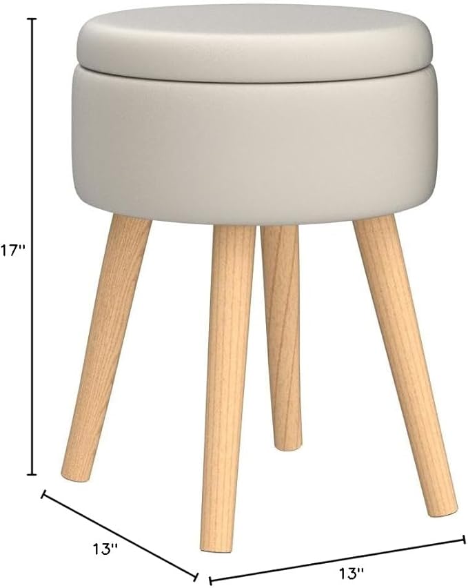 Mxfurhawa Storage Ottoman Linen Round Vanity Stool Tray Top Modern Foot Stool with Wood Legs Multifunctional Upholstered Foot Ottoman Rest for Living Room, Bathroom, Makeup (White)