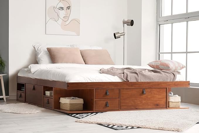 memomad Bali Storage Platform Bed with Drawers (King Size, Caramel Brown Wood)