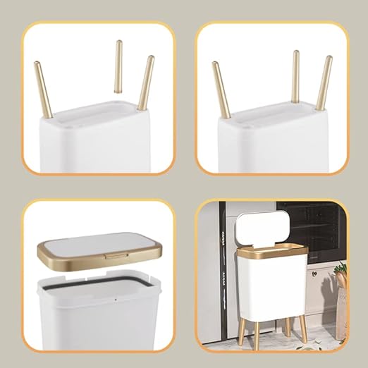 Procade Bathroom Trash Can with Lid, Plastic Garbage Can with Legs, 4 Gallon Gold Trash Bin with Push Button, Narrow White Trash Can Waste Basket for Bedroom, Living Room,Office，Dog Proof Trash Bin