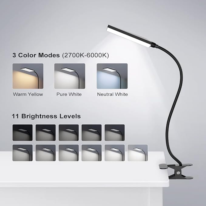 LED Desk Lamp with Clamp for Home Office, Dimmable Clip on Desk Light with USB Port, 3 Color Modes 11 Brightness Flexible Reading Lamp for Studying Working, Black