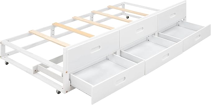 Platform Bed with Storage Headboard, USB, Twin Size Trundle and 3 Drawers, Full Size, White Color