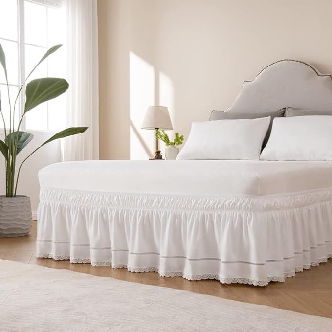 MIYE Wrap Around Ruffled Lace Bed Skirt, Elastic Dust Ruffle with Adjustable Belts, Easy to Put On, Bed Frame Cover, Machine Washable (Floral Lace/White, King/Queen-12.5" Drop)