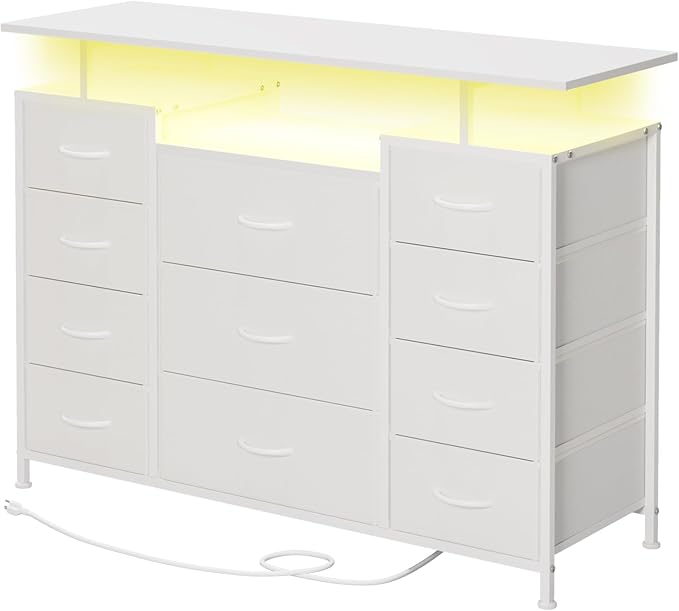 LUMTOK 11 Drawers Dresser with Fabric Drawers,Charging Station, LED Lights and Shelves for Bedroom Storage Organization