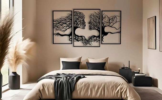 VAILLA Tree of Life Wall Wooden Art Abstract Tree Man Woman Face Large 3D Wooden Wall Decor Set of 3 Hanging Sculpture Modern Home Decoration 3D Textured Sculptures for Living Room Bedroom Office Dinnig Room