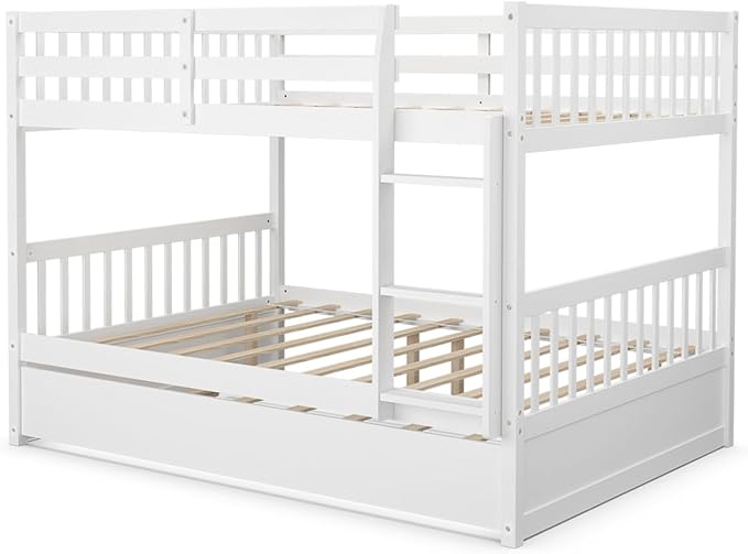 Giantex Full Over Full Bunk Bed with Trundle, Solid Wood Trundle Bed Frame w/Guardrails and Ladder, Convertible to 2 Beds, Full Size Bunk Beds for Adults Kids Teens, No Box Spring Needed, White