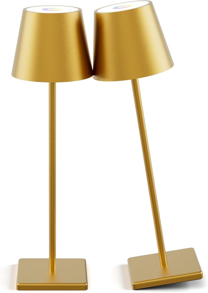 2-Pack LED Cordless Table Lamp 3W 5500mAh Rechargeable Battery Operated Stepless Dimmable Portable Lamp for Restaurant, Bedroom, Outdoor (Gold)