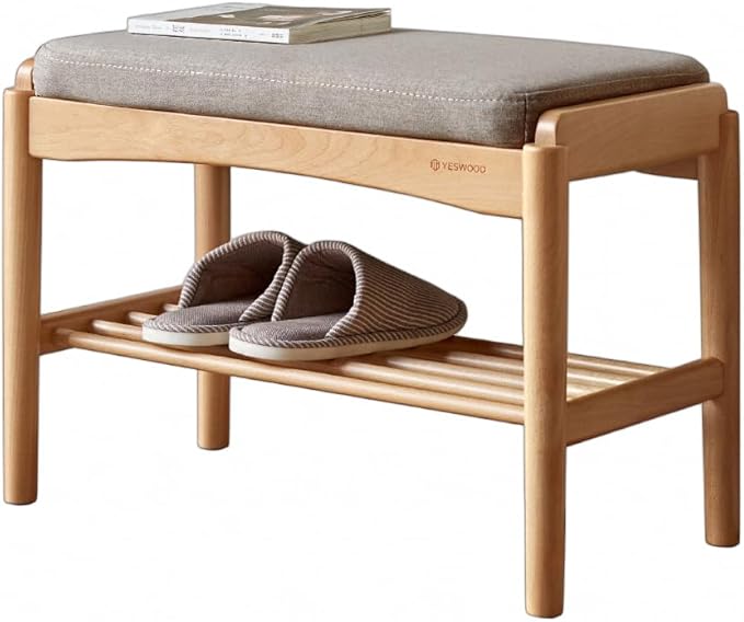 Solid Wood Shoe Bench, Shoe Rack Bench Assembled with Gray Cushion for Entryway, Hallway, Bedroom, Living Room, 11.8" x 23.6" x 16.5", Beech Wood, Natural