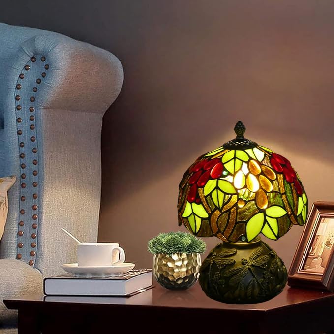 Small Tiffany Table Lamp Stained Glass Nightstand Lamps Bedside Purple Grape Desk Light for Office Bar Retro Bedroom Living Room,7.87 inch