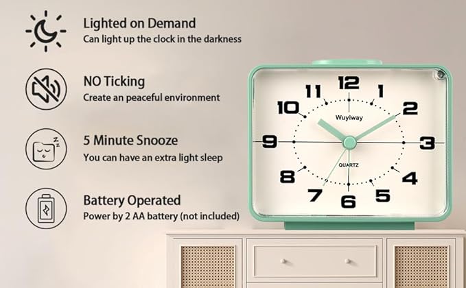 Retro Analog Alarm Clock,Battery Operated,4" Vintage Decor for Bedroom, Nightstand, Bedside, Desk, Table,Silent,Lighted on Demand and Snooze,Ascending Beep Sounds,Easy to Set(Green)