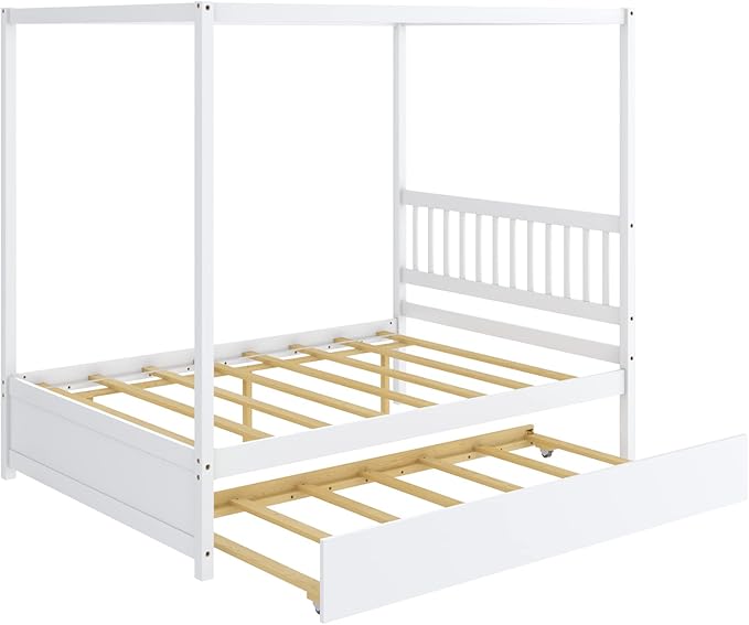 Giantex Canopy Bed with Trundle, Full Size Kids Solid Wood Platform Bed Frame w/Headboard Wooden Twin Trundle Bed for Boys Girls, No Box Spring Needed (White)