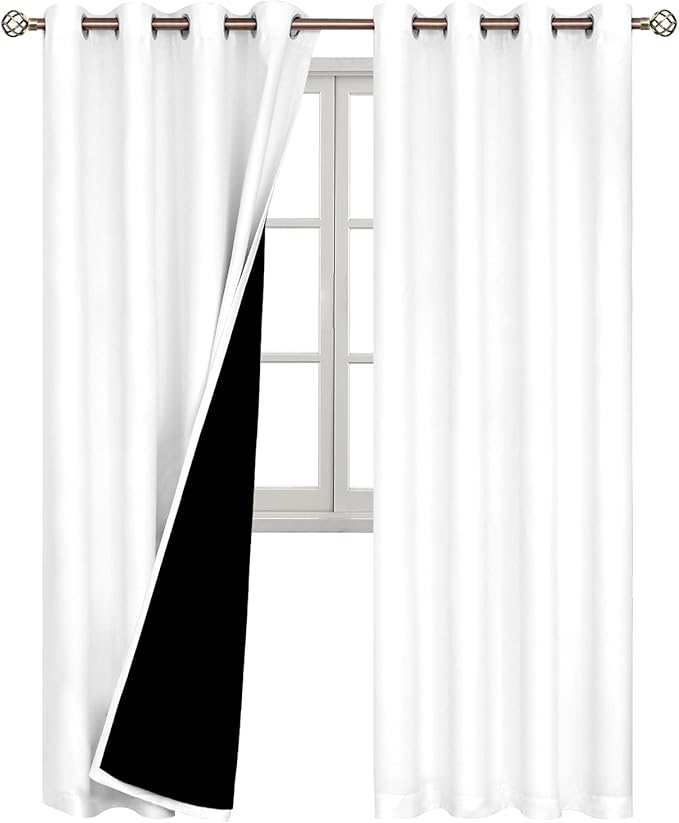 BGment Thermal Insulated 100% Blackout Curtains for Bedroom with Black Liner, Double Layer Full Room Darkening Noise Reducing Grommet Curtain (52 x 72 Inch, Pure White, 2 Panels)