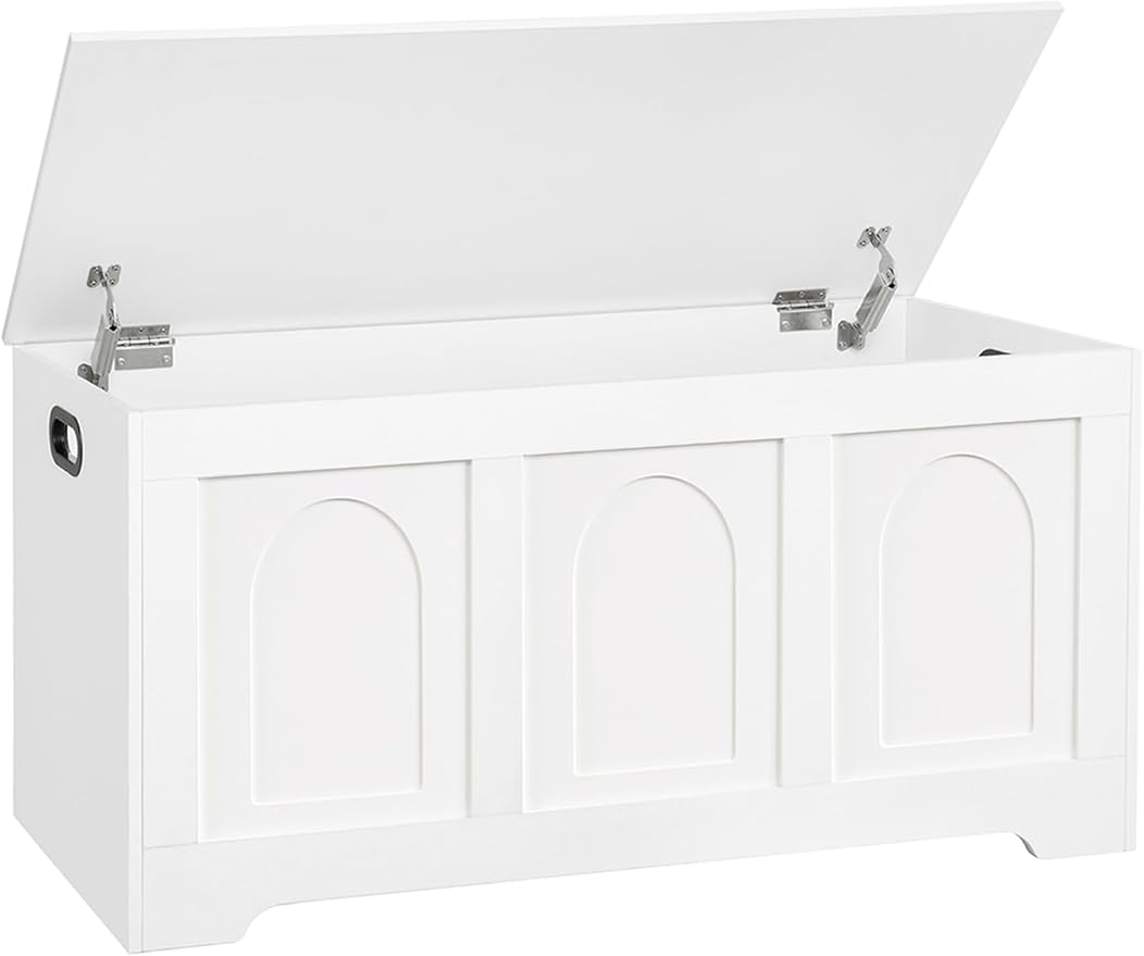 DINZI LVJ Storage Chest, 39.4” Wooden Toy Box with 2 Safety Hinges, Entryway Shoe Bench with Flip-Top, Sturdy Large Storage Trunk for Living Room, Bedroom, Playroom, Easy Assembly, White