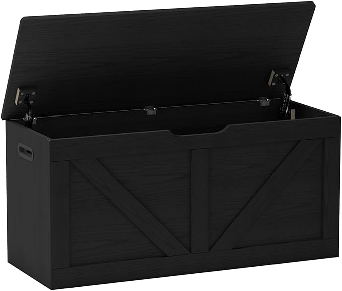 Timberer 39.4" Storage Chest, Wooden Storage Bench, Large Storage Trunk with 2 Safety Hinges, Entryway Shoes Bench for Living Room, Bedroom, Black