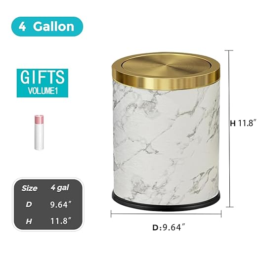 4 Gallon Bathroom Trash Can with Swing Lid, White Gold Garbage Can, White Marble Leather Waste Basket, for Bedroom Kitchen Powder Room (Marble)