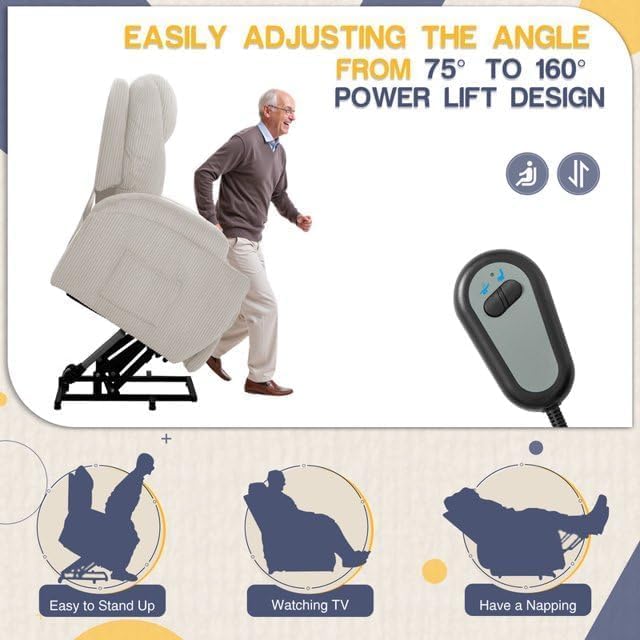 Furmax Electric Power Lift Recliner Chair with Massage for Elderly Corduroy Fabric Recliner Single Sofa with Cup Holders, Side Pockets and Remote Control for Living Room Bedroom (White)