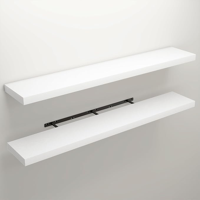Floating Shelves for Wall, 9.3" Deep Wall Mounted Wood Shelves for Bathroom, Bedroom, Living Room, Kitchen, Hanging Shelf for Books/Storage/Room Decor (White, 55")