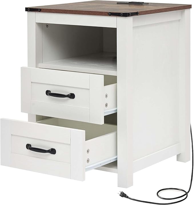 Puntogen White Night Stand, Rustic End Table with Charging Station, Farmhouse Tall Nightstand for Bedroom, Drawer Dresser Bedside Table with Open Storage Shelf
