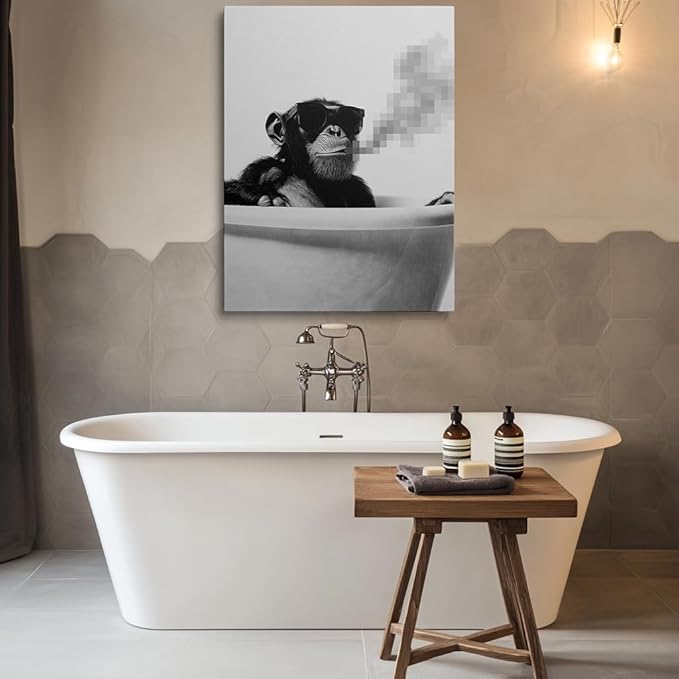 Pveror Black White Chimpanzee Wall Art Cool Monkey Canvas Artwork Modern Animal Portrait Print Trendy Home Decor for Office Bedroom Studio Man Cave Gift Single Panel 16x24 Inches