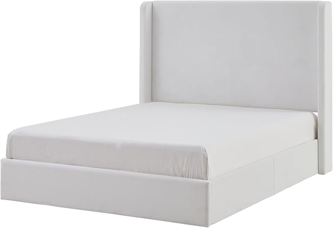 King Size Upholstered Bed Frame, 52.3" High Headboard Carmen Wingback Bed Frames, Tall Headboard Floor Platform Beds, No Box Spring Needed No Noise Minimalist Coconut Micro Suede, White