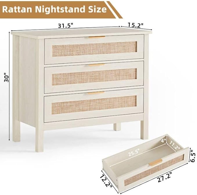 LEYAOYAO 31.5" Wide Rattan Nightstand, Large Boho 3 Drawer Night Stand, Grey White Bedside Table with Storage, Tall Bed Side End Tables, Chest of Drawers Dressers for Bedroom, Living Room, Hallway