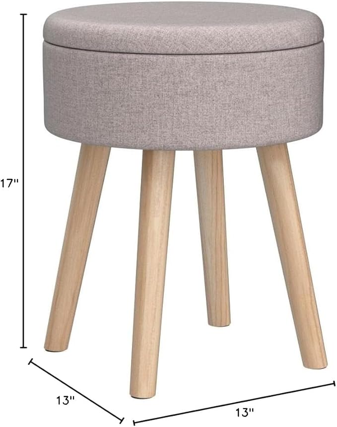 Mxfurhawa Storage Ottoman Linen Round Vanity Stool Tray Top Modern Foot Stool with Wood Legs Multifunctional Upholstered Foot Ottoman Rest for Living Room, Bathroom, Makeup (Grey)