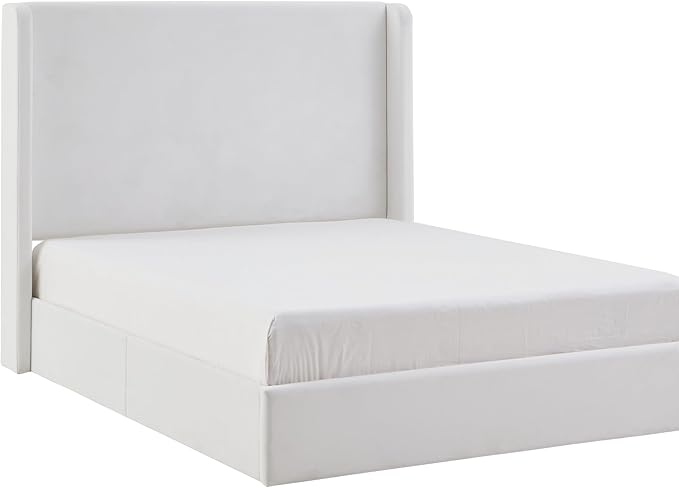 King Size Upholstered Bed Frame, 52.3" High Headboard Carmen Wingback Bed Frames, Tall Headboard Floor Platform Beds, No Box Spring Needed No Noise Minimalist Coconut Micro Suede, White