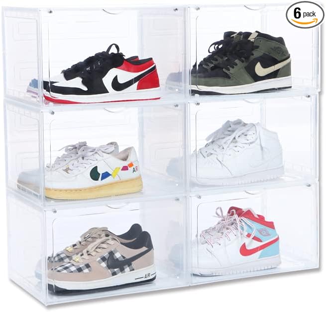 6 Pack XL Shoe Storage Box Organizer,Drop Side Large Shoe Boxes Clear Plastic Stackable Container,Magnetic Sneaker Display Case, Fit up to US 13（13.4”x 10.6”x 8.3”(6 Pack Clear)