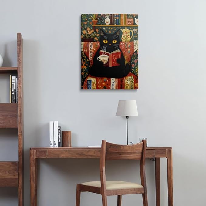Black Cat Wall Art Canvas Reading Cat Artwork Cozy Library Illustration Vintage Folk Style Animal Painting Cottagecore Home Decor For Living Room Bedroom Study Office Book Lover Gift 12x16 Inches