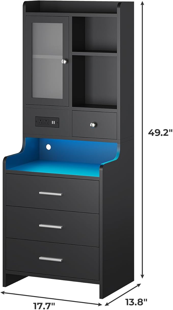 ADORNEVE Black Night Stand Set of 2 with Charging Station,49.2" LED Nightstand for Bedroom,Tall Bedside Table with Bookshelf and Drawers,Side Tables Bedroom,13.8" D x 17.7" W x 49.2" H