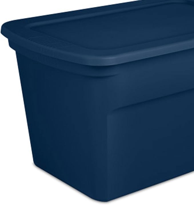 Sterilite 24-Pack Tote, Plastic Storage Bins with Snap Lids, 30 Gallon, Marine Blue - Stackable Home Organizers with In-Molded Handles for Bedroom, Garage, Basement and Attic