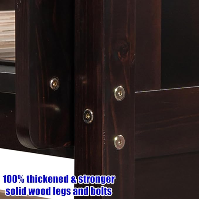 TSAMPA Latest Upgraded & Stronger Heavy Duty Solid Wood Full Over Full Bunk Bed with Trundle, Thickened Safer Convertible Bunkbed Frame (Easier to Assemble) (Espresso)